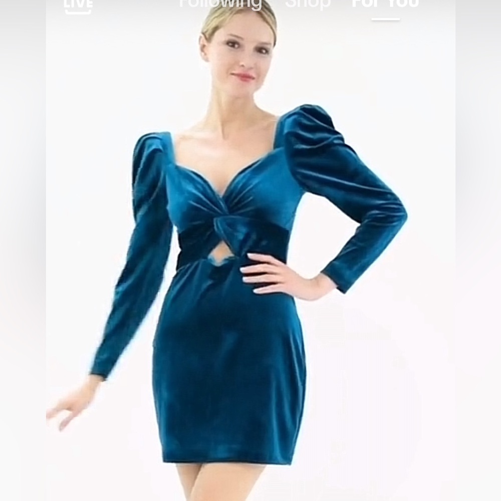 WOMEN'S VELVET CUTOUT PUFF-SLEEVE DRESS IN TEAL